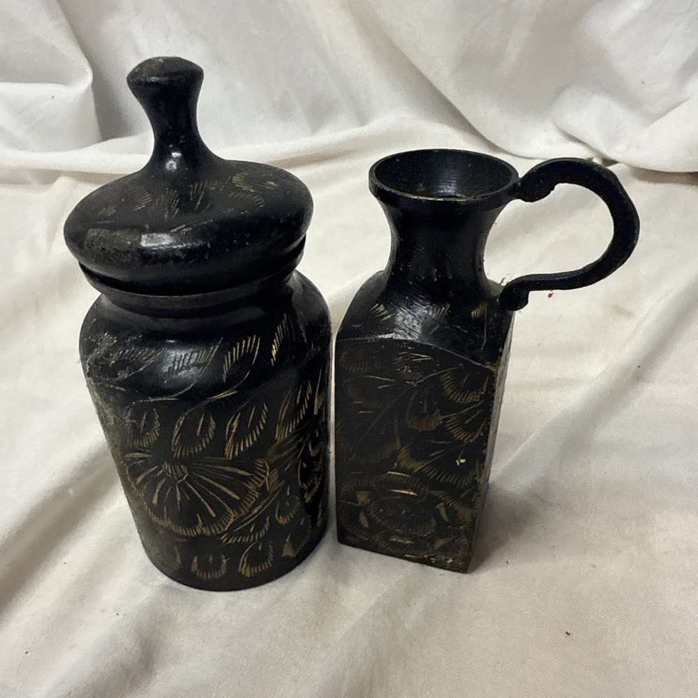 Vintage Black Gold Etched Brass Pitcher Vessel Vase Lid Pair Cream Sugar Set